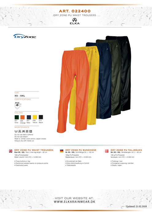 Elka Dry Zone PU Rain Trousers 022400