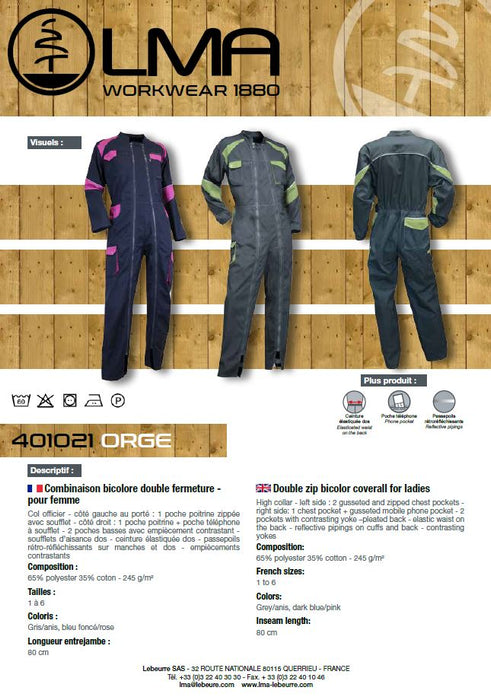 LMA Ladies Orge Two Tone Double Zip Coverall